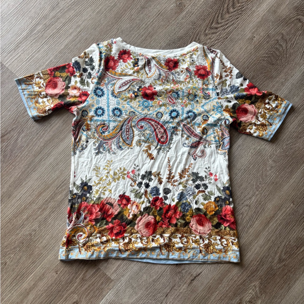 Floral Paisley Short-Sleeve Top in Cream and Multicolor - Picture 8 of 8